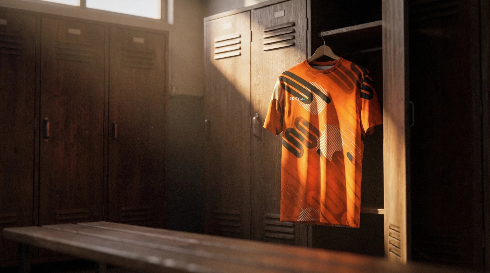 Orange custom sublimated team jersey made from recycled bottles, hanging in a locker room